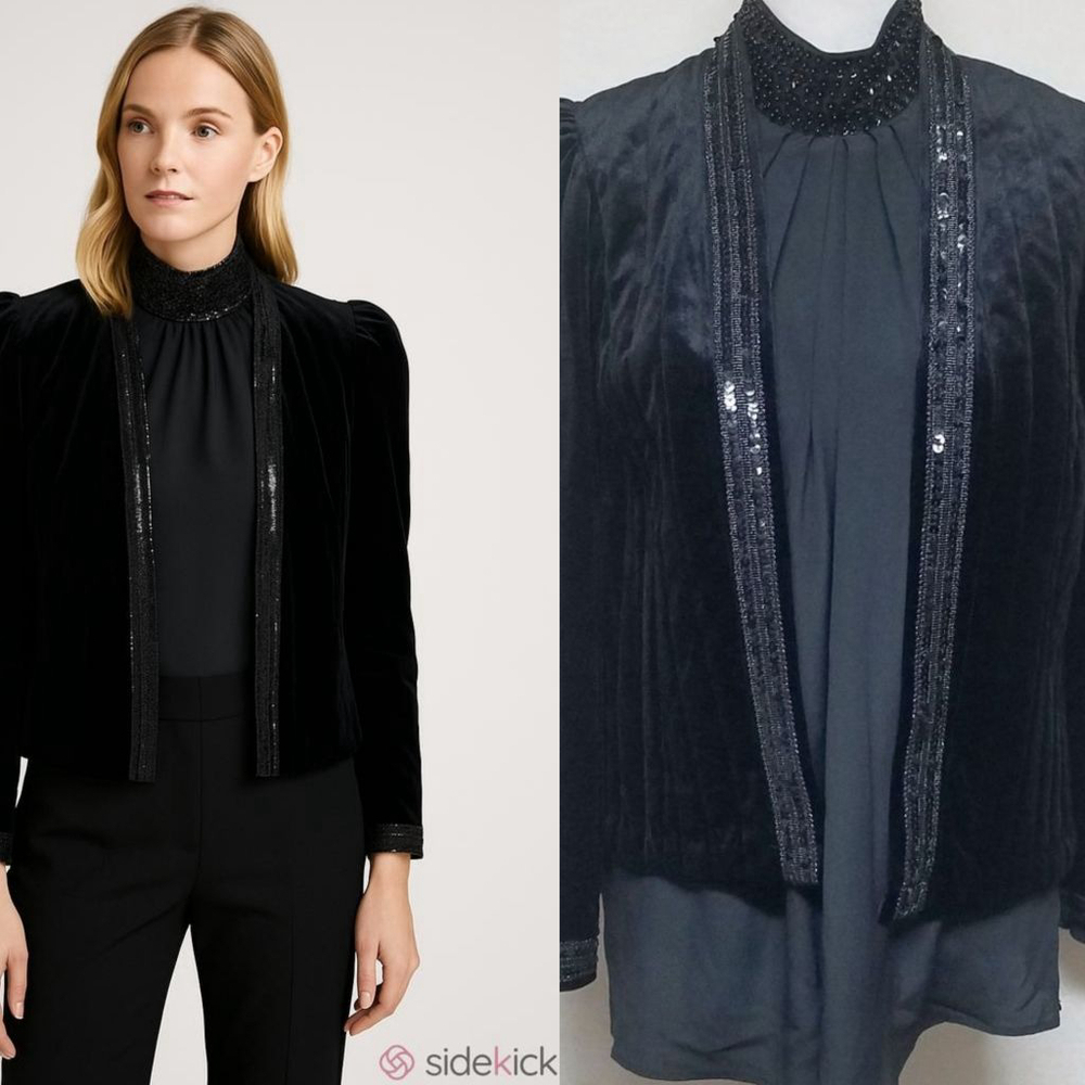 Barad & Co 60s Vintage Black Velvet Embellished Quilted Jacket Mockneck Top Set